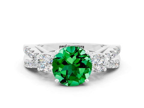 White gold Round Cut Emerald Three-Stone Ring with Pavé Split Shank and Four-Prong Setting