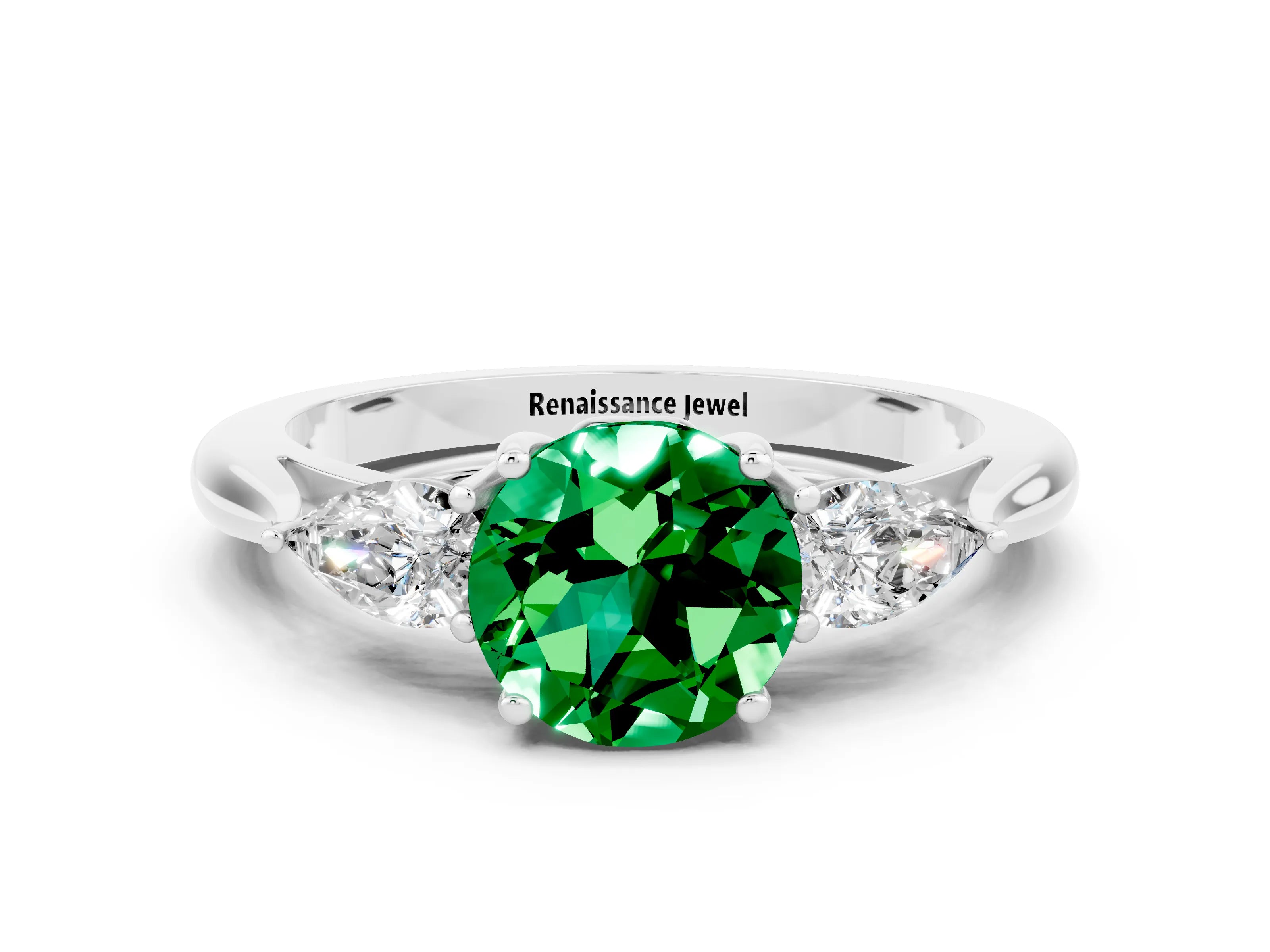 White gold Round Cut Emerald Three-Stone Ring with Pear Side Stones and Four-Prong Setting_12