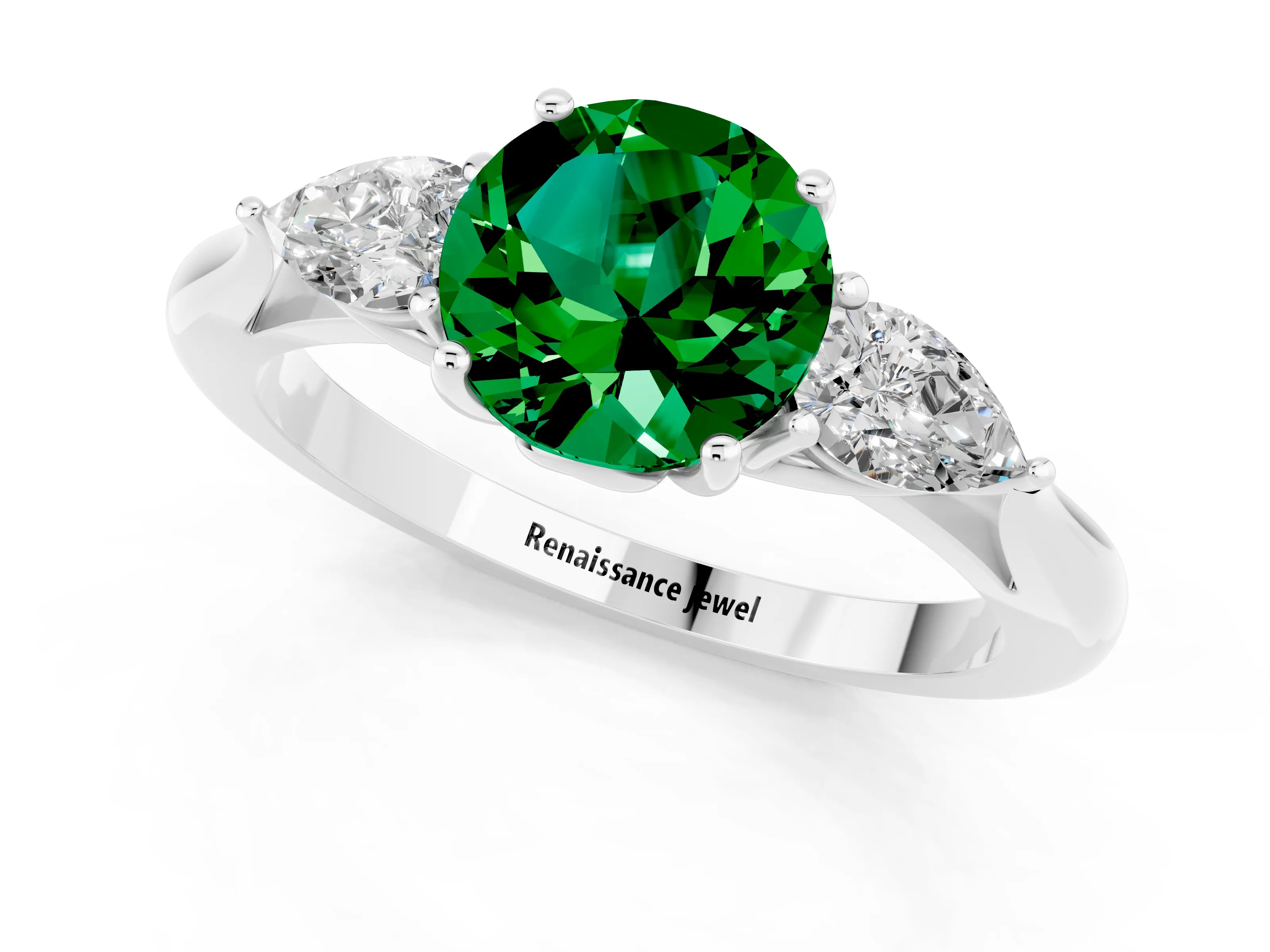 White gold Round Cut Emerald Three-Stone Ring with Pear Side Stones and Four-Prong Setting_13