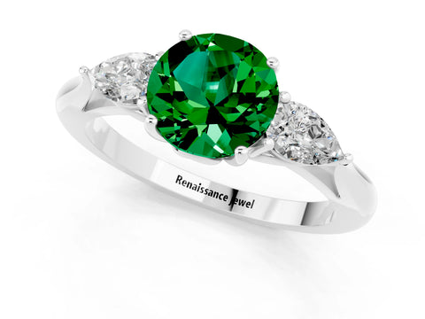 White gold Round Cut Emerald Three-Stone Ring with Pear Side Stones and Four-Prong Setting_13