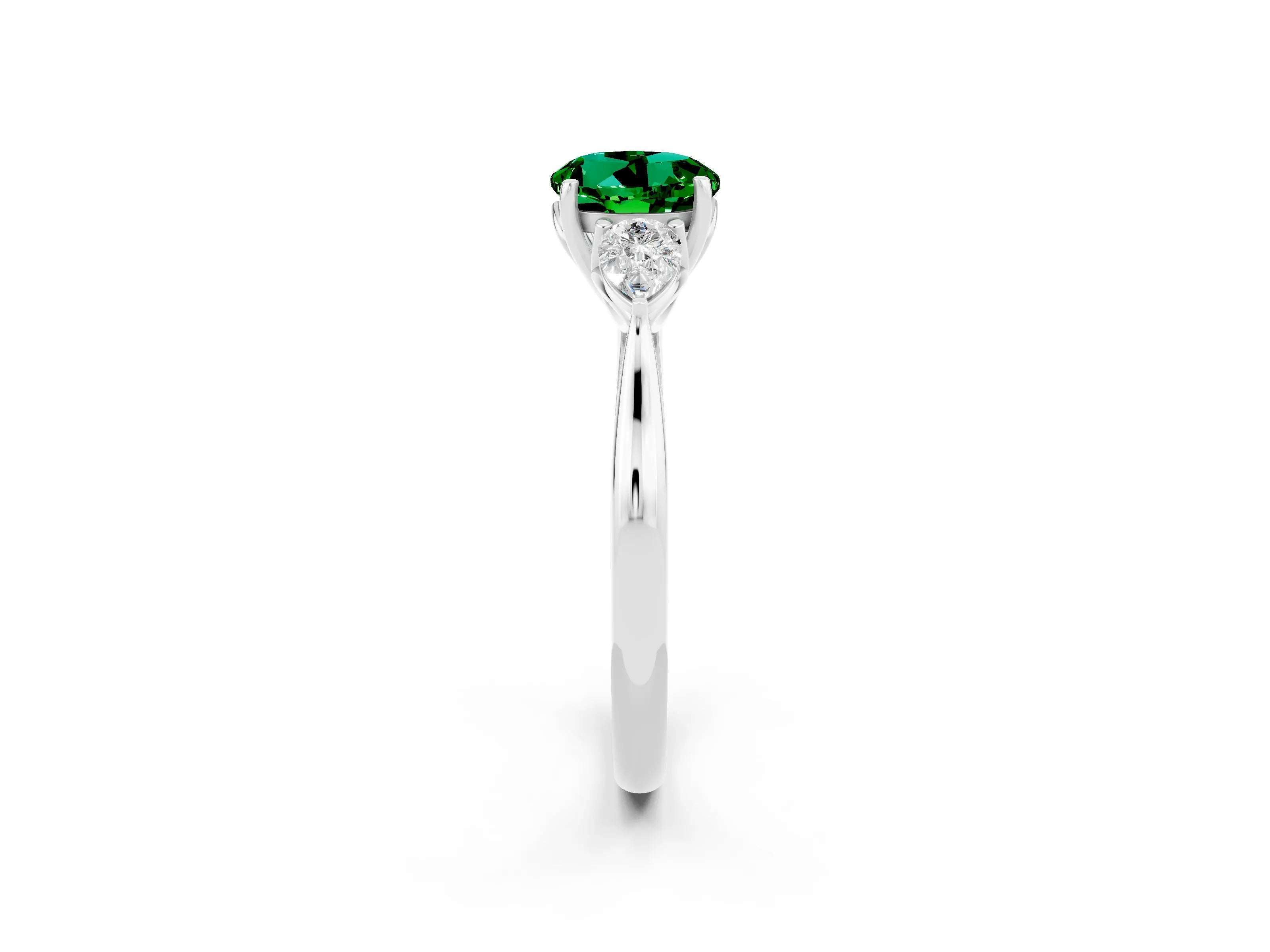 White gold Round Cut Emerald Three-Stone Ring with Pear Side Stones and Four-Prong Setting_14