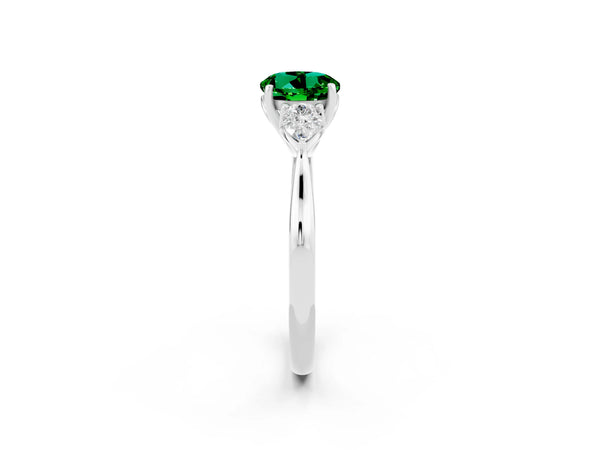 White gold Round Cut Emerald Three-Stone Ring with Pear  Side Stones and Prong Setting