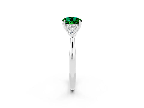 White gold Round Cut Emerald Three-Stone Ring with Pear Side Stones and Four-Prong Setting_14