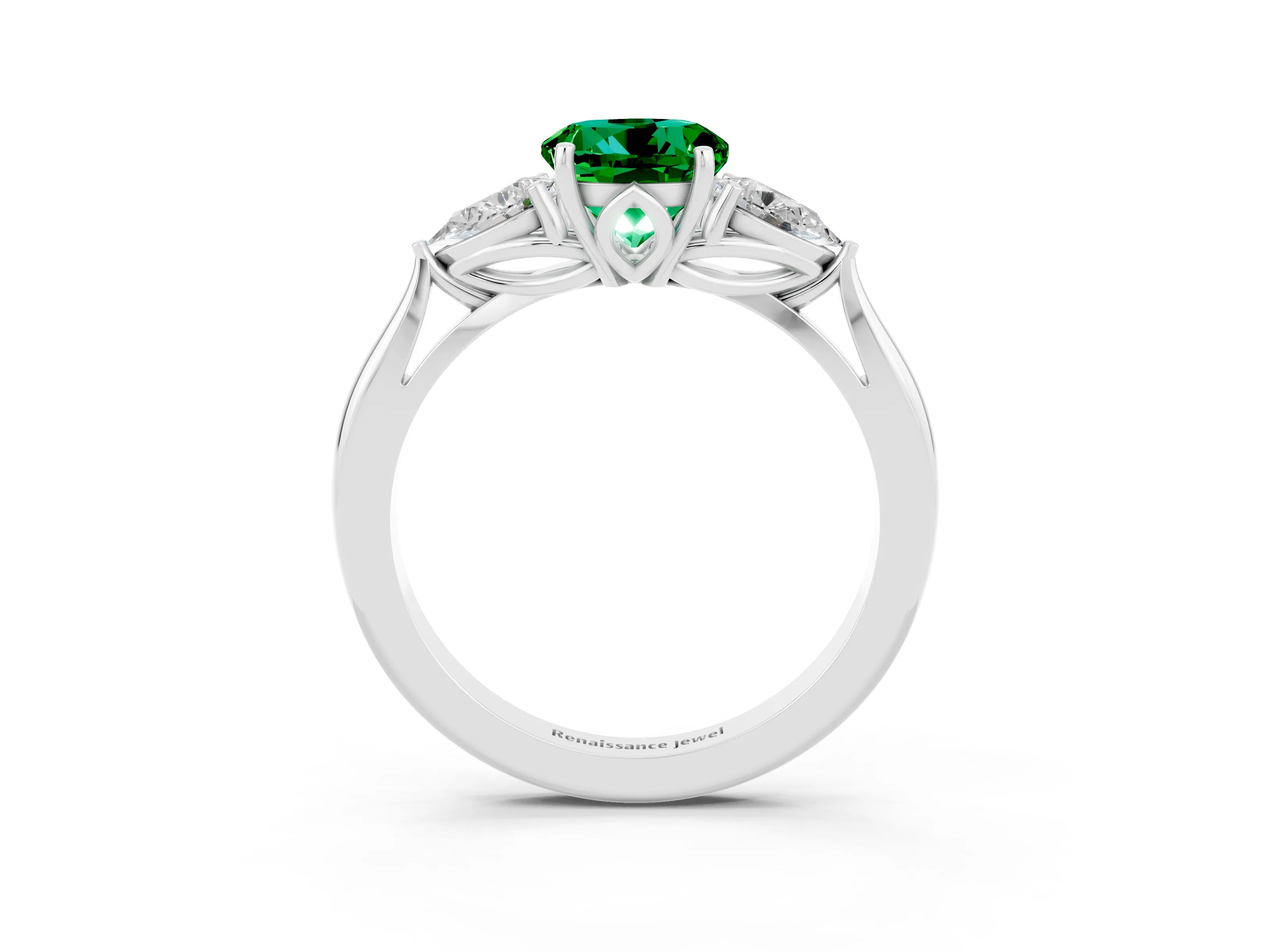 White gold Round Cut Emerald Three-Stone Ring with Pear Side Stones and Four-Prong Setting_15