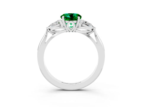White gold Round Cut Emerald Three-Stone Ring with Pear Side Stones and Four-Prong Setting_15