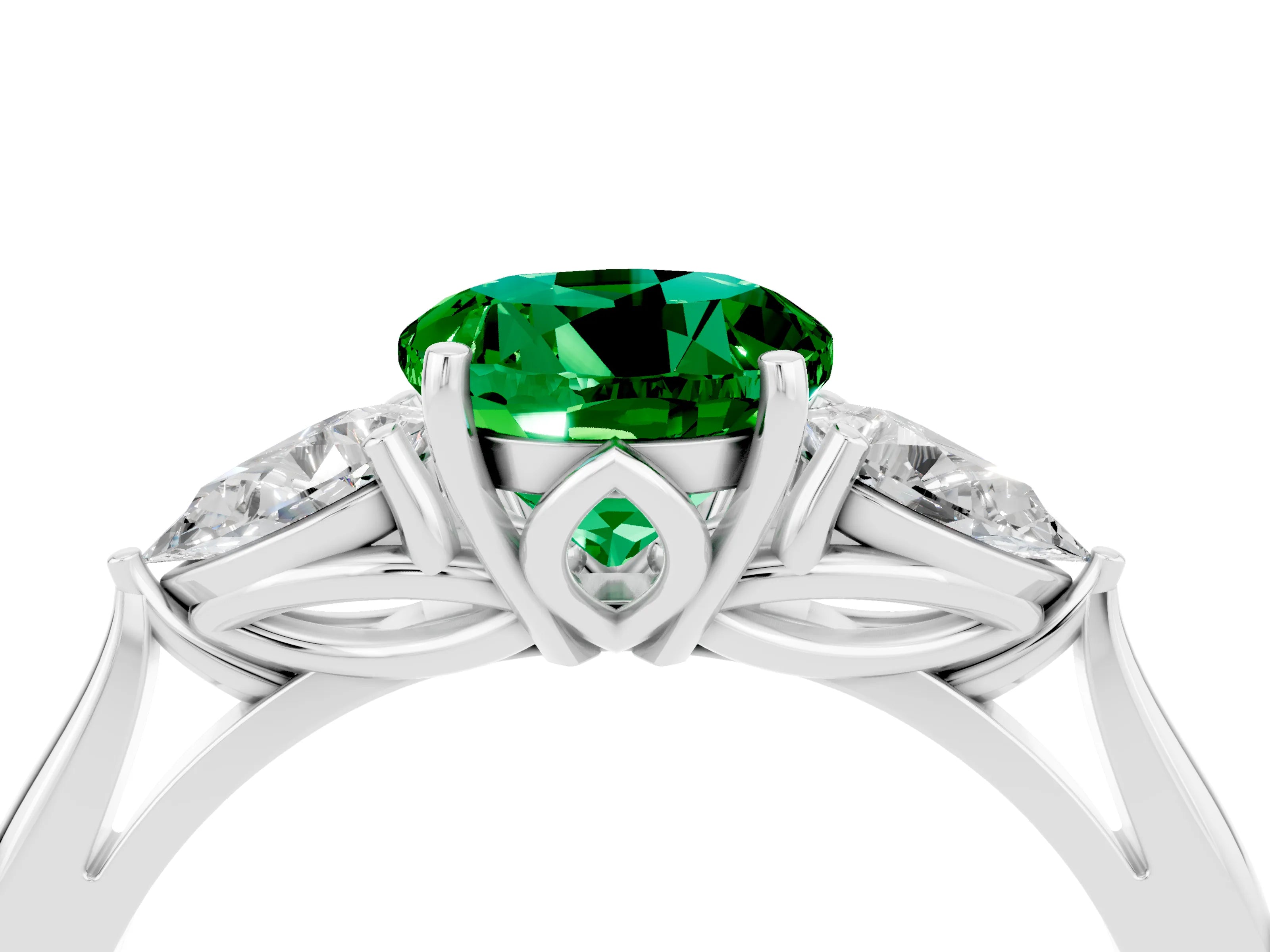 White gold Round Cut Emerald Three-Stone Ring with Pear Side Stones and Four-Prong Setting_16