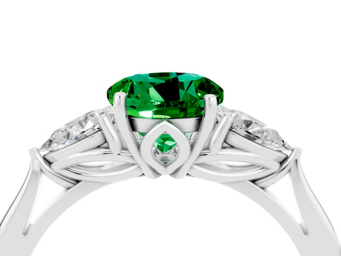 White gold Round Cut Emerald Three-Stone Ring with Pear Side Stones and Four-Prong Setting_16