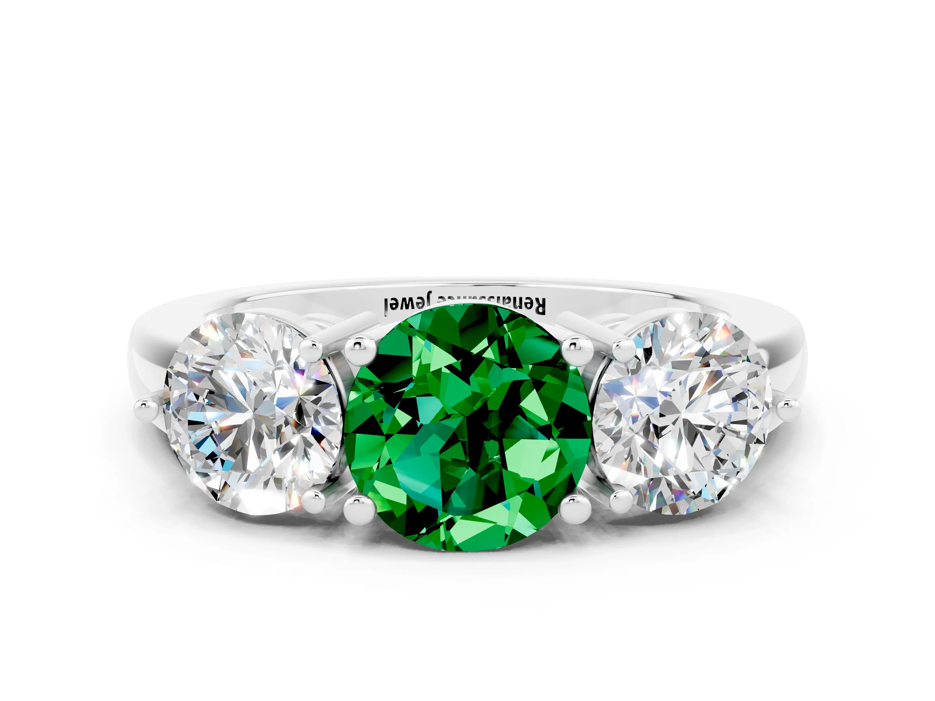 White gold Round Cut Emerald Three-Stone Ring with Prong Setting and Classic Band