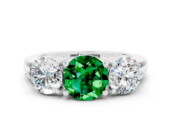 Platinum Round Cut Emerald Three-Stone Ring with Prong Setting and Classic Band