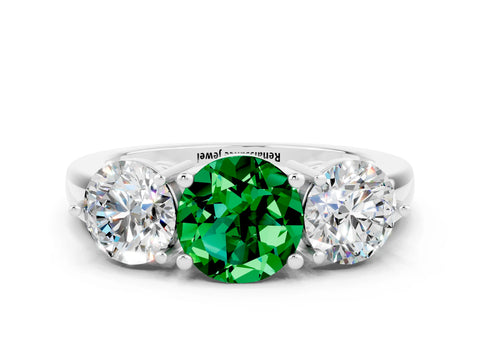 White gold Round Cut Emerald Three-Stone Ring with Prong Setting and Classic Band