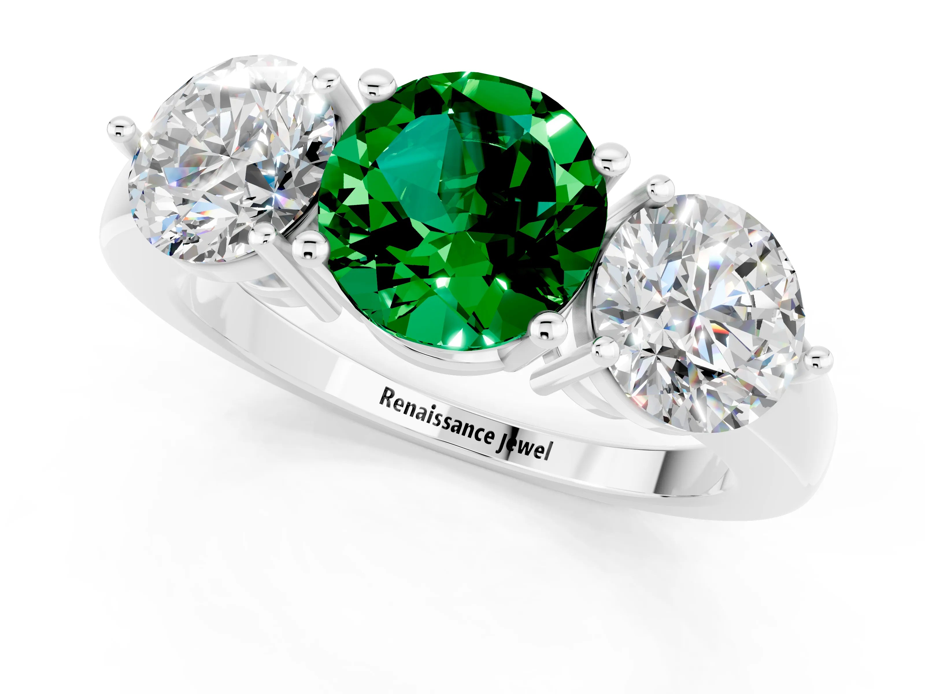 White gold Round Cut Emerald Three-Stone Ring with Prong Setting and Classic Band_1