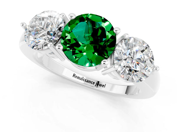 White gold Round Cut Emerald Three-Stone Ring with Prong Setting and Classic Band