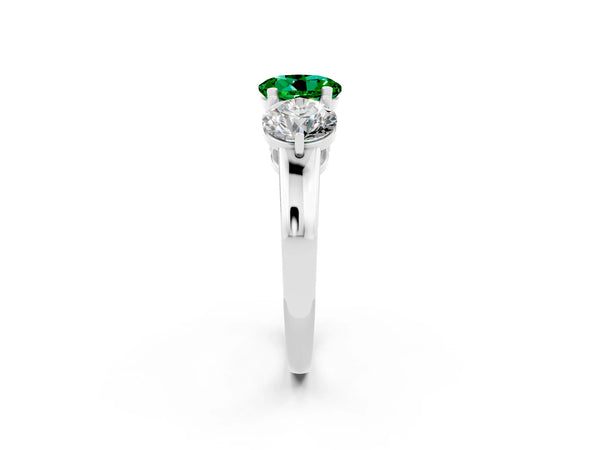 Platinum Round Cut Emerald Three-Stone Ring with Prong Setting and Classic Band