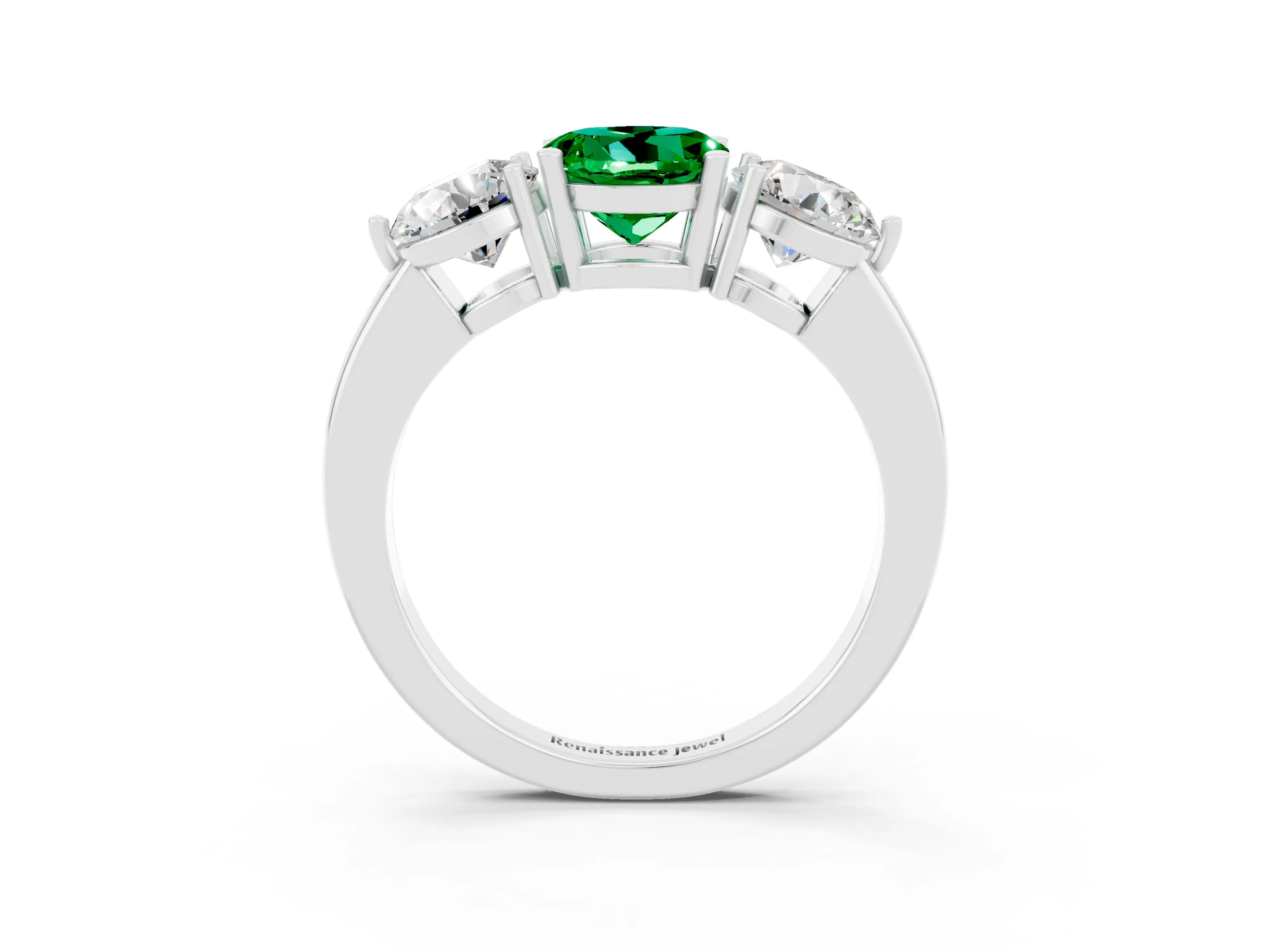 White gold Round Cut Emerald Three-Stone Ring with Prong Setting and Classic Band_3
