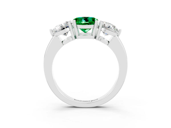 Silver Round Cut Emerald Three-Stone Ring with Prong Setting and Classic Band