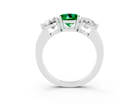 White gold Round Cut Emerald Three-Stone Ring with Prong Setting and Classic Band_3