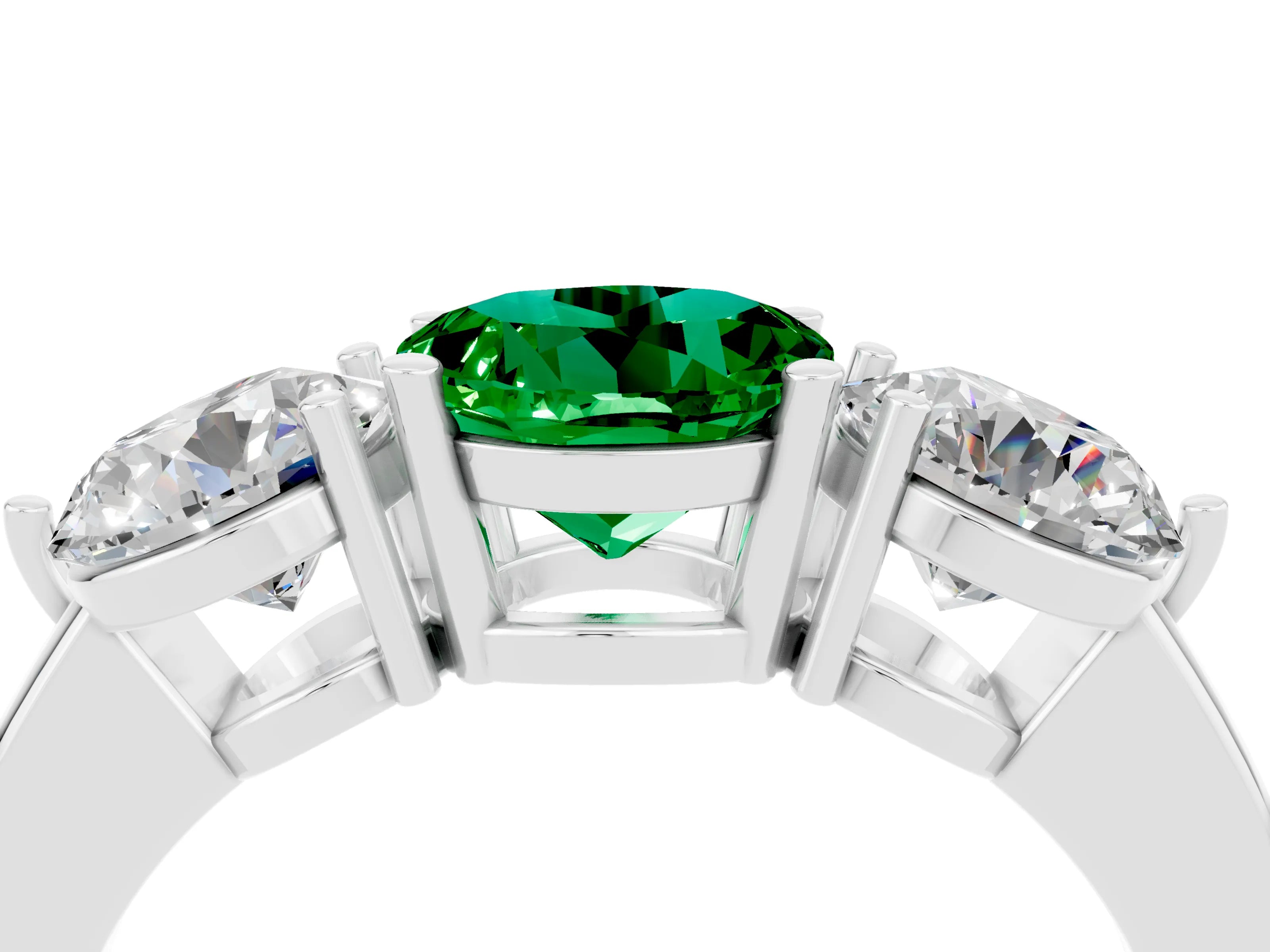 White gold Round Cut Emerald Three-Stone Ring with Prong Setting and Classic Band_4