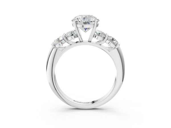 White gold Round Cut Five-Stone Prong Set Diamond Ring with Classic Band