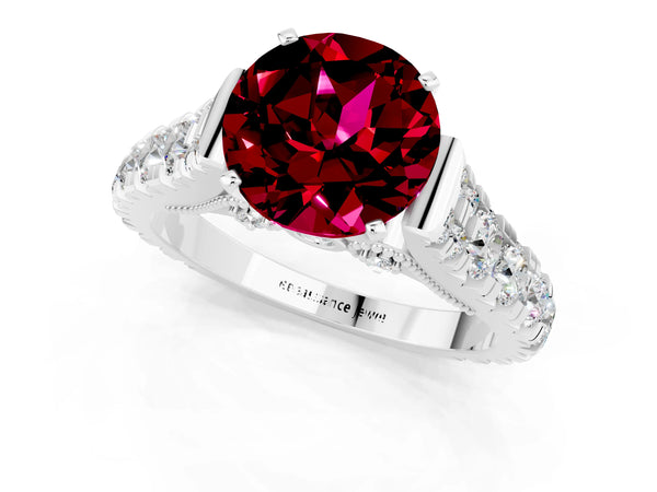 White gold Round Cut Garnet Classic Solitaire Ring with Pavé Band and Four-Prong Setting