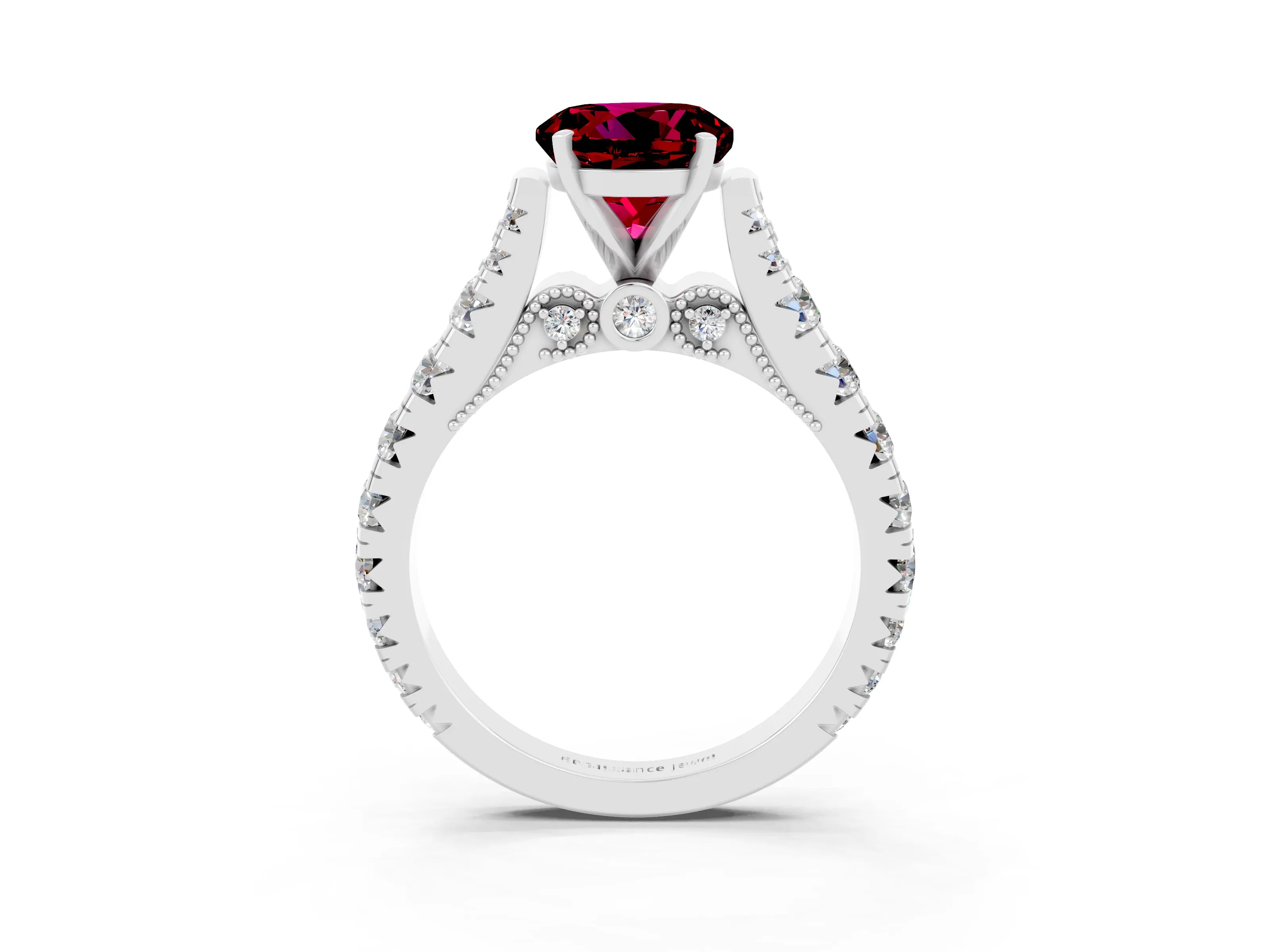 White gold Round Cut Garnet Classic Solitaire Ring with Pavé Band and Four-Prong Setting_3