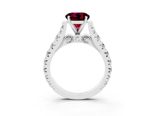 Silver Round Cut Garnet Classic Solitaire Ring with Pavé Band and Four-Prong Setting