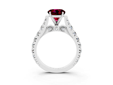 White gold Round Cut Garnet Classic Solitaire Ring with Pavé Band and Four-Prong Setting_3