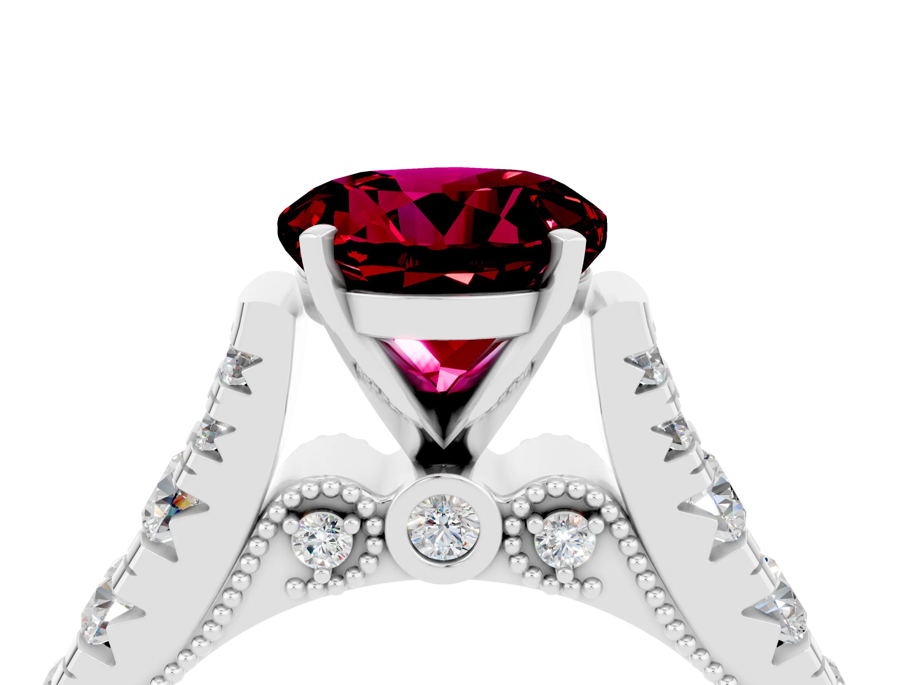 White gold Round Cut Garnet Classic Solitaire Ring with Pavé Band and Four-Prong Setting_4