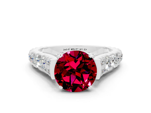 White gold Round Cut Garnet Classic Solitaire Ring with Pavé Band and Four-Prong Setting