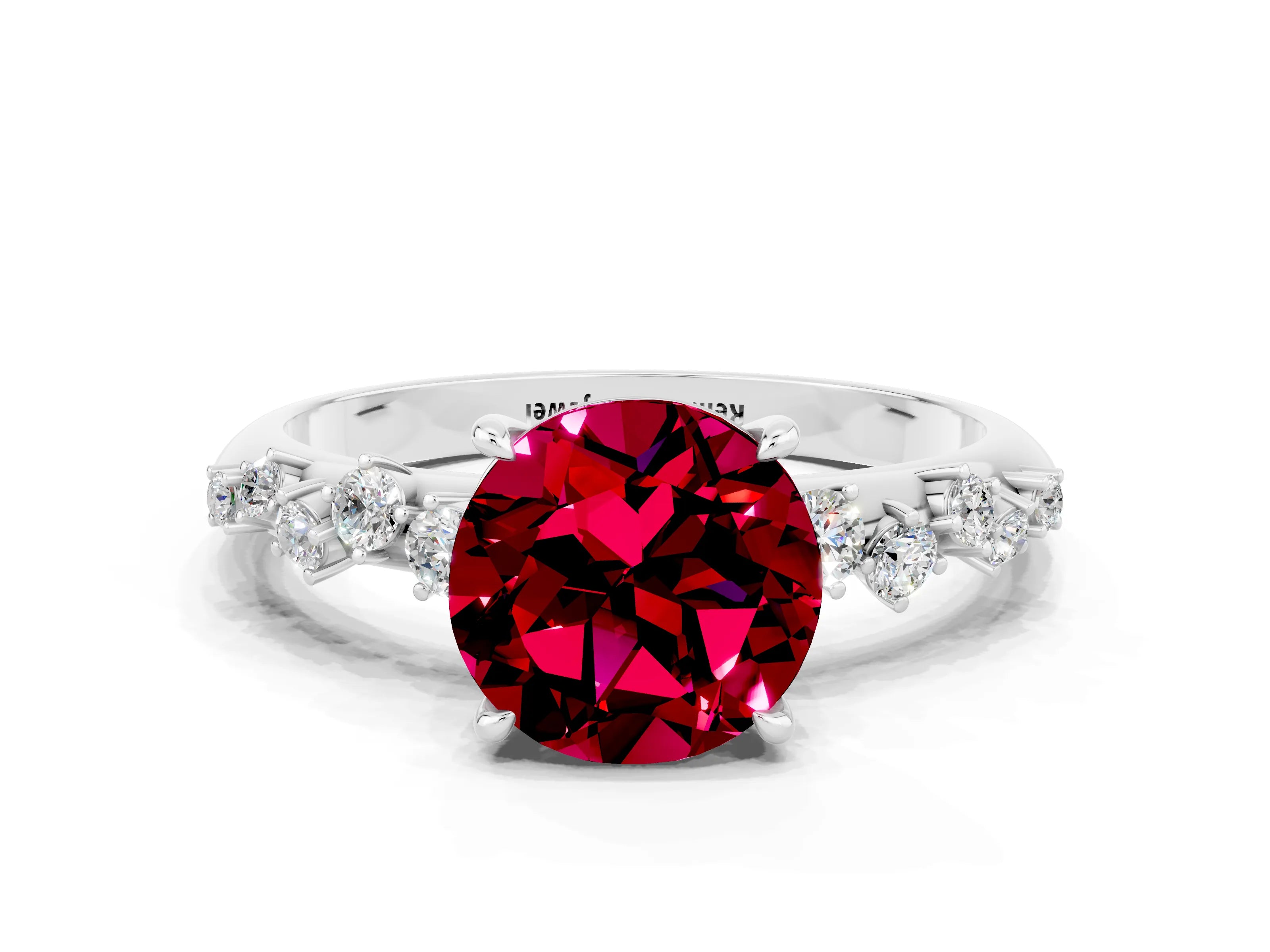 White gold Round Cut Garnet Cluster Side Stone Solitaire Ring with Prong Setting_24