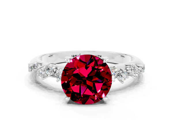 Platinum Round Cut Garnet Cluster Side Stone Solitaire Ring with Prong Setting