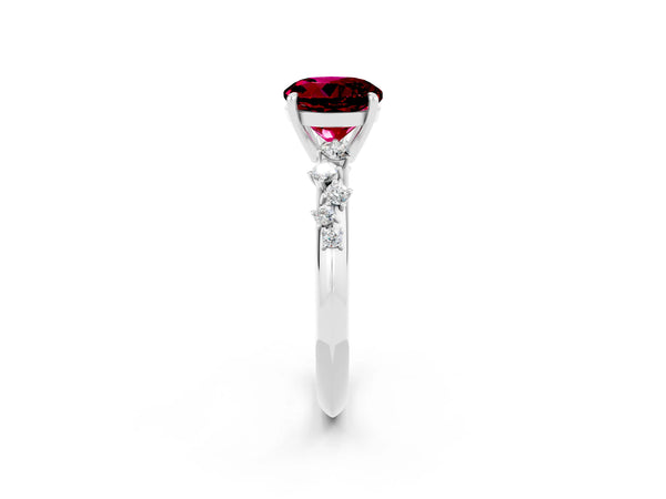 White gold Round Cut Garnet Cluster Side Stone Solitaire Ring with Prong Setting