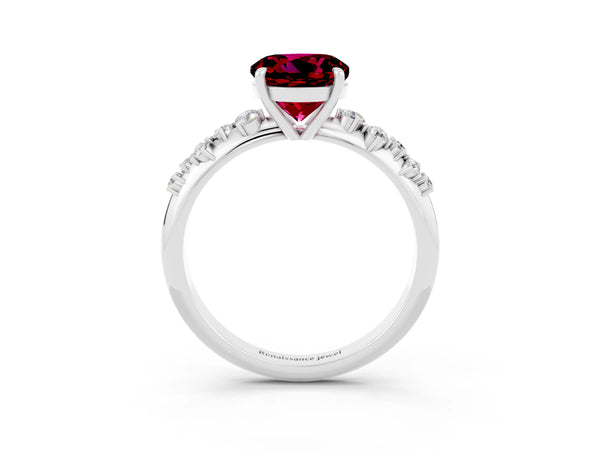 White gold Round Cut Garnet Cluster Side Stone Solitaire Ring with Prong Setting