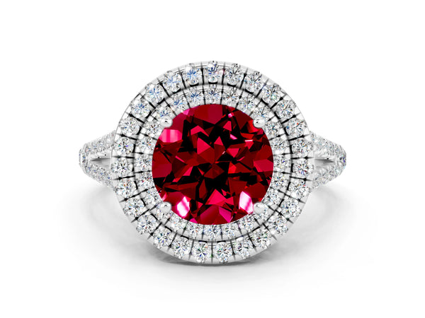 White gold Round Cut Garnet Double Halo Ring with Pavé Band and Prong Setting