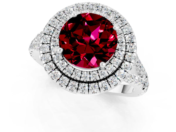 Platinum Round Cut Garnet Double Halo Ring with Pavé Band and Prong Setting