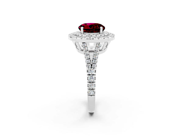 Silver Round Cut Garnet Double Halo Ring with Pavé Band and Prong Setting