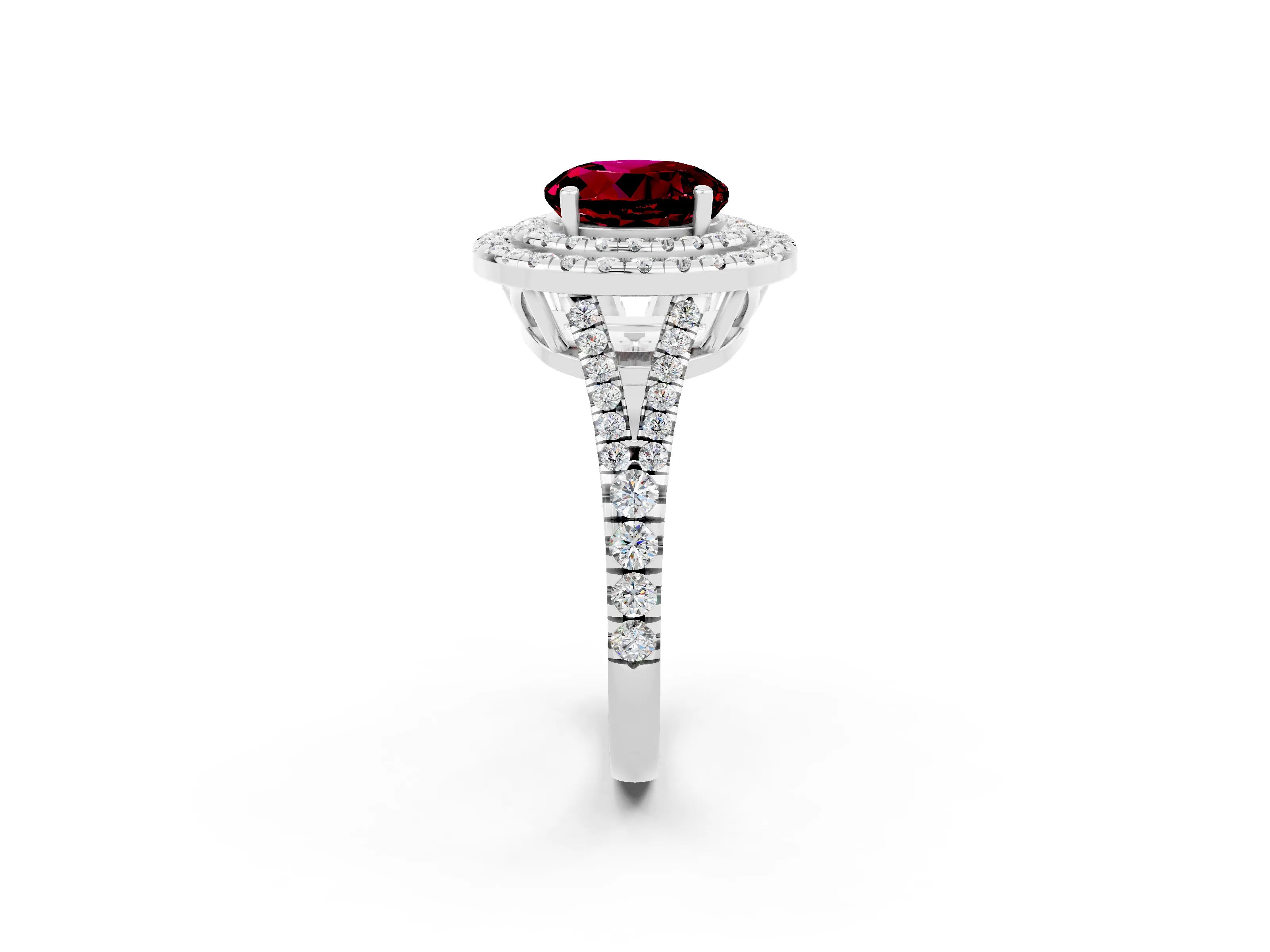 White gold Round Cut Garnet Double Halo Ring with Pavé Band and Prong Setting_14