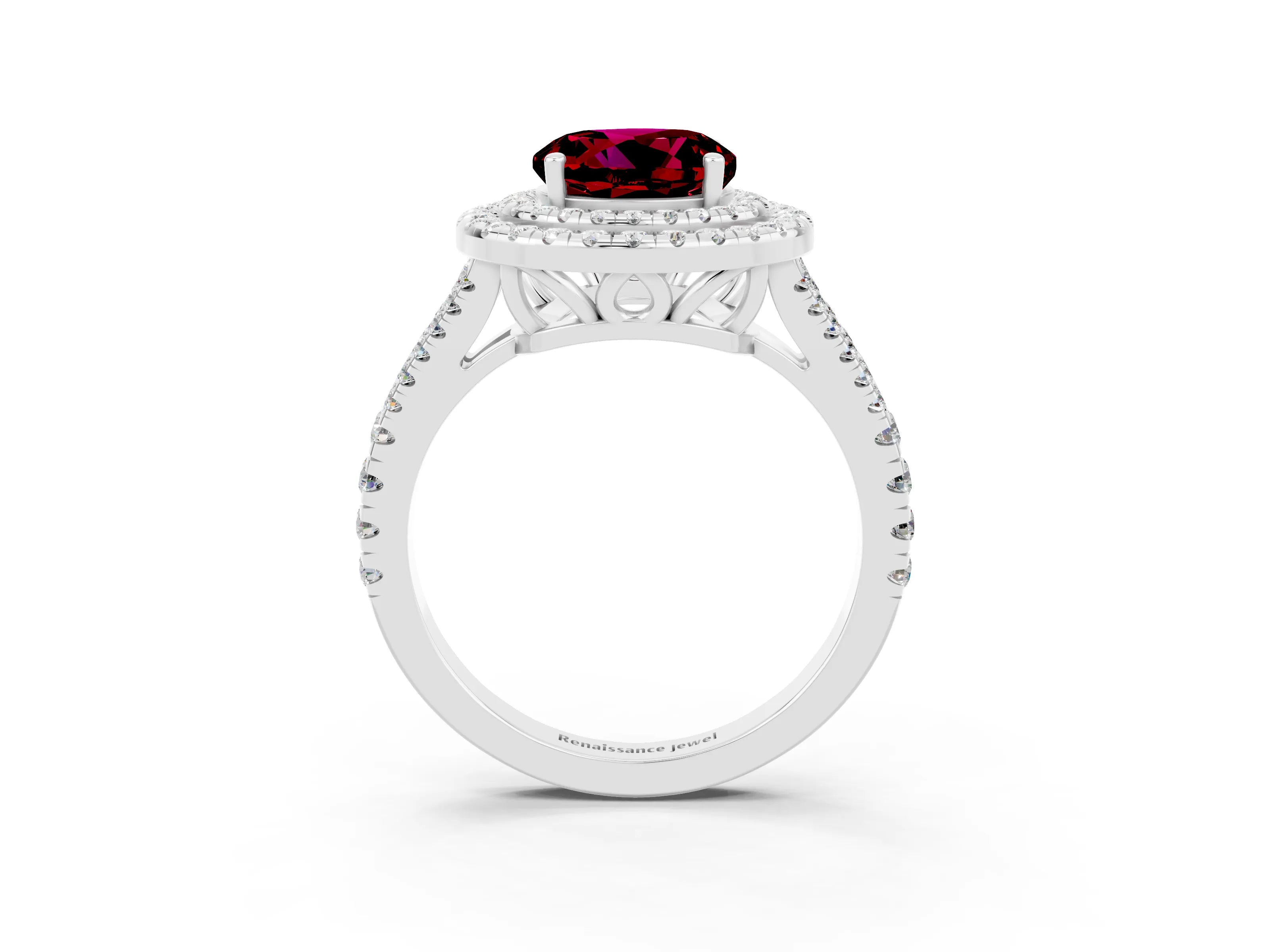 White gold Round Cut Garnet Double Halo Ring with Pavé Band and Prong Setting_15