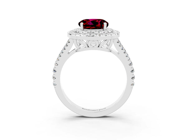 Platinum Round Cut Garnet Double Halo Ring with Pavé Band and Prong Setting