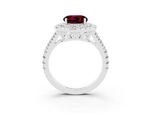 White gold Round Cut Garnet Double Halo Ring with Pavé Band and Prong Setting_15