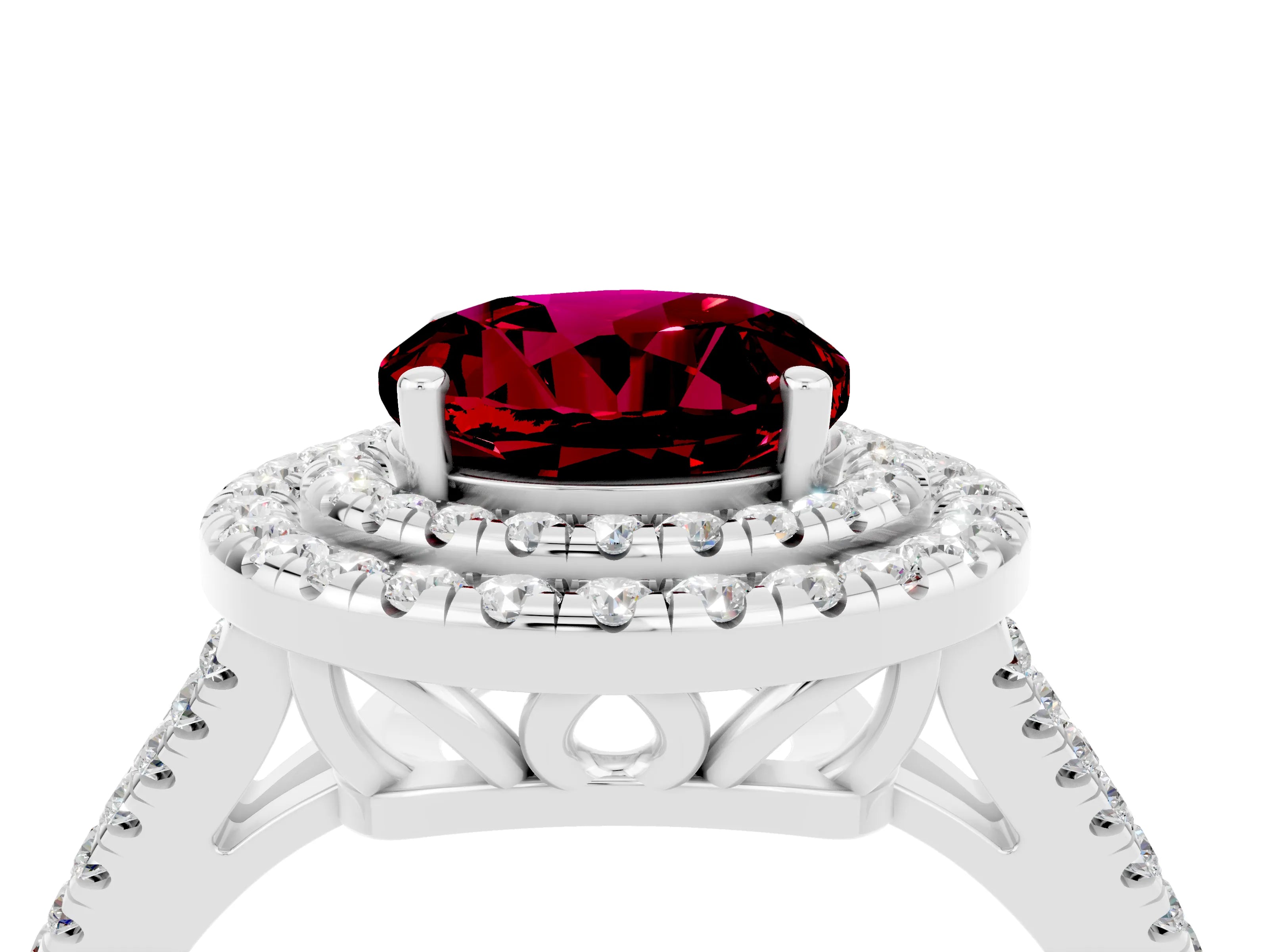 White gold Round Cut Garnet Double Halo Ring with Pavé Band and Prong Setting_16