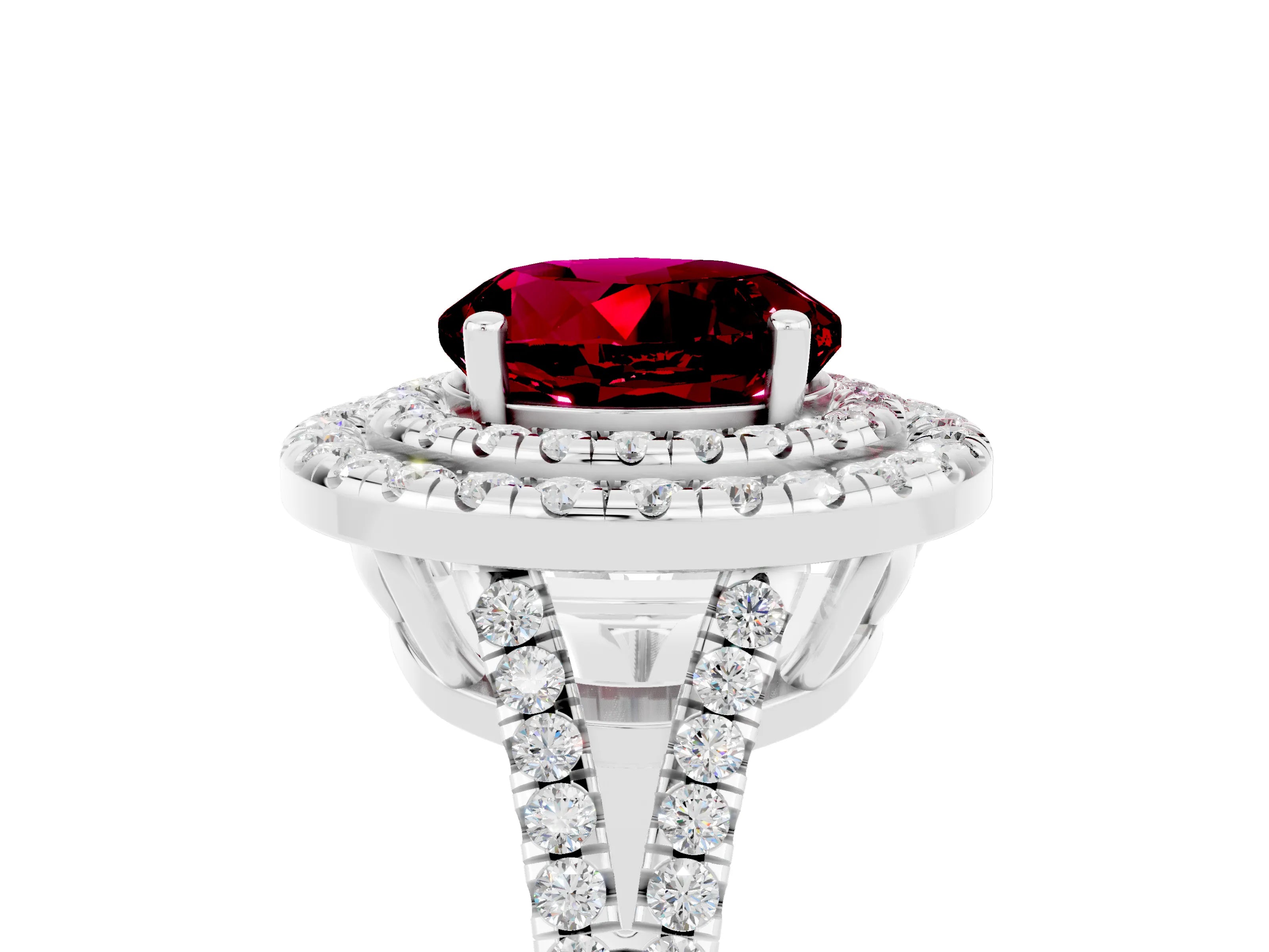White gold Round Cut Garnet Double Halo Ring with Pavé Band and Prong Setting_17