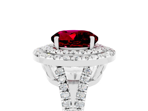 White gold Round Cut Garnet Double Halo Ring with Pavé Band and Prong Setting_17