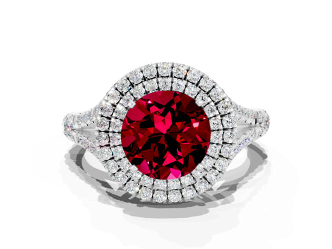White gold Round Cut Garnet Double Halo Ring with Split Shank and Prong Setting_12