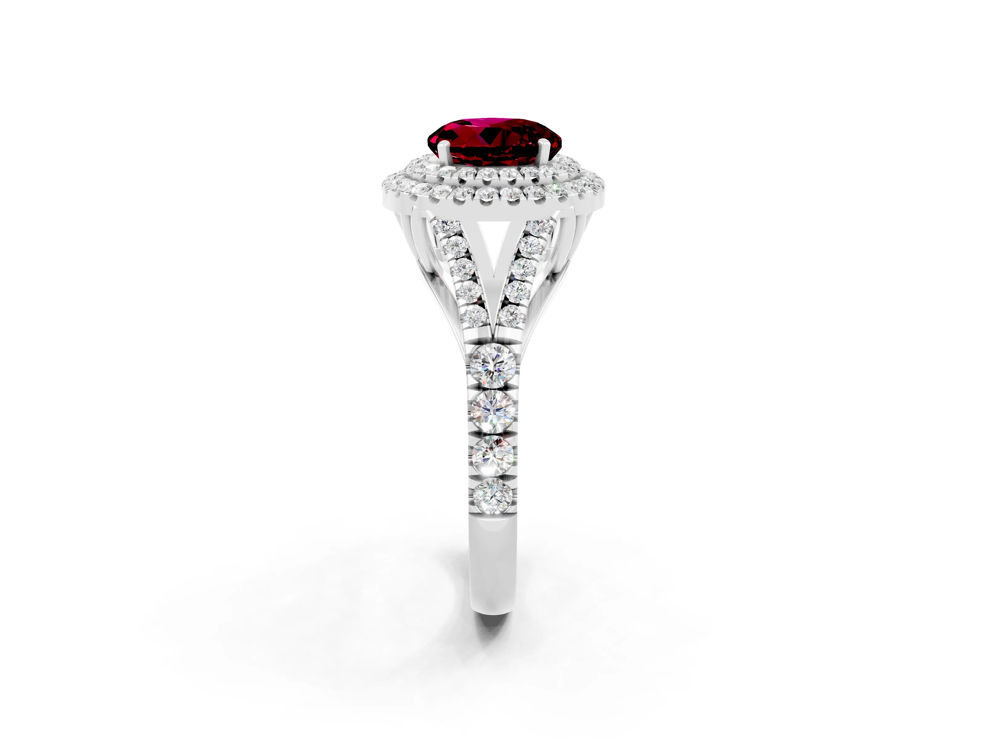 White gold Round Cut Garnet Double Halo Ring with Split Shank and Prong Setting_14