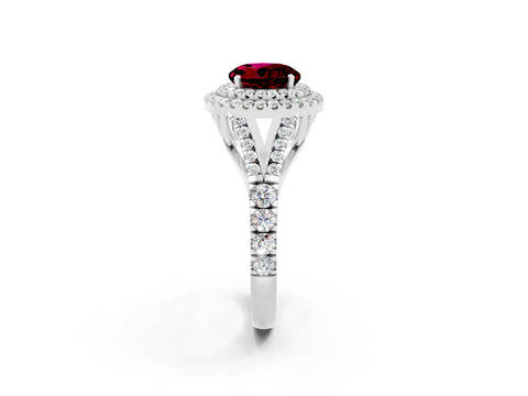 White gold Round Cut Garnet Double Halo Ring with Split Shank and Prong Setting_14