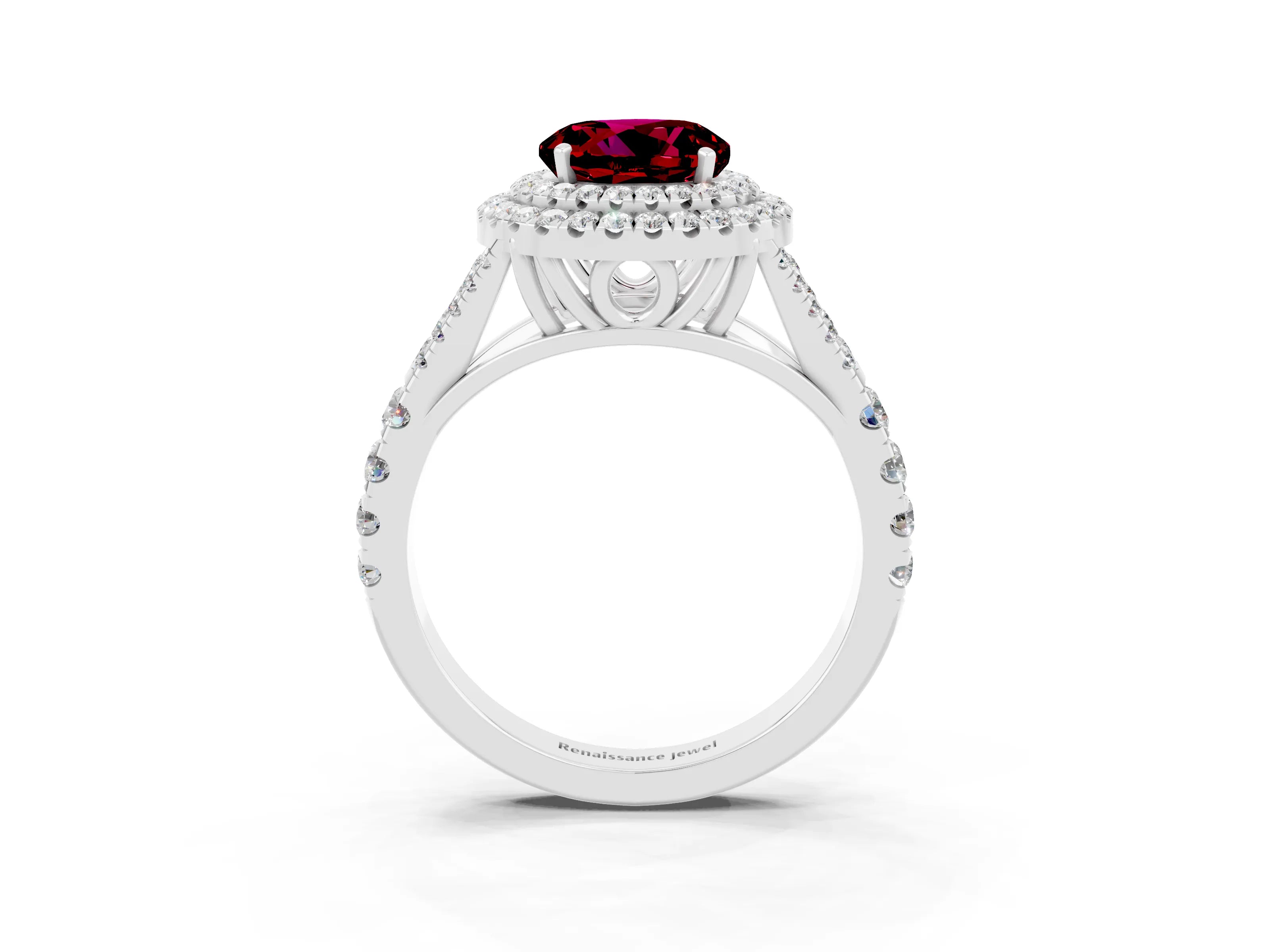 White gold Round Cut Garnet Double Halo Ring with Split Shank and Prong Setting_15