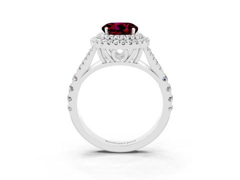White gold Round Cut Garnet Double Halo Ring with Split Shank and Prong Setting_15