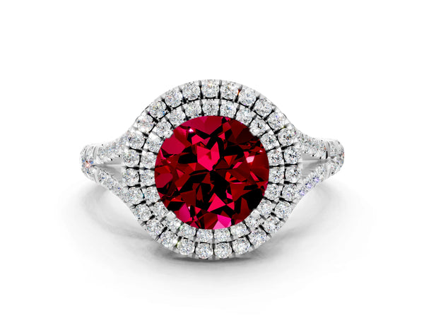 Silver Round Cut Garnet Double Halo Ring with Split Shank and Prong Setting