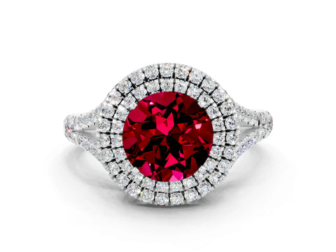 White gold Round Cut Garnet Double Halo Ring with Split Shank and Prong Setting_18