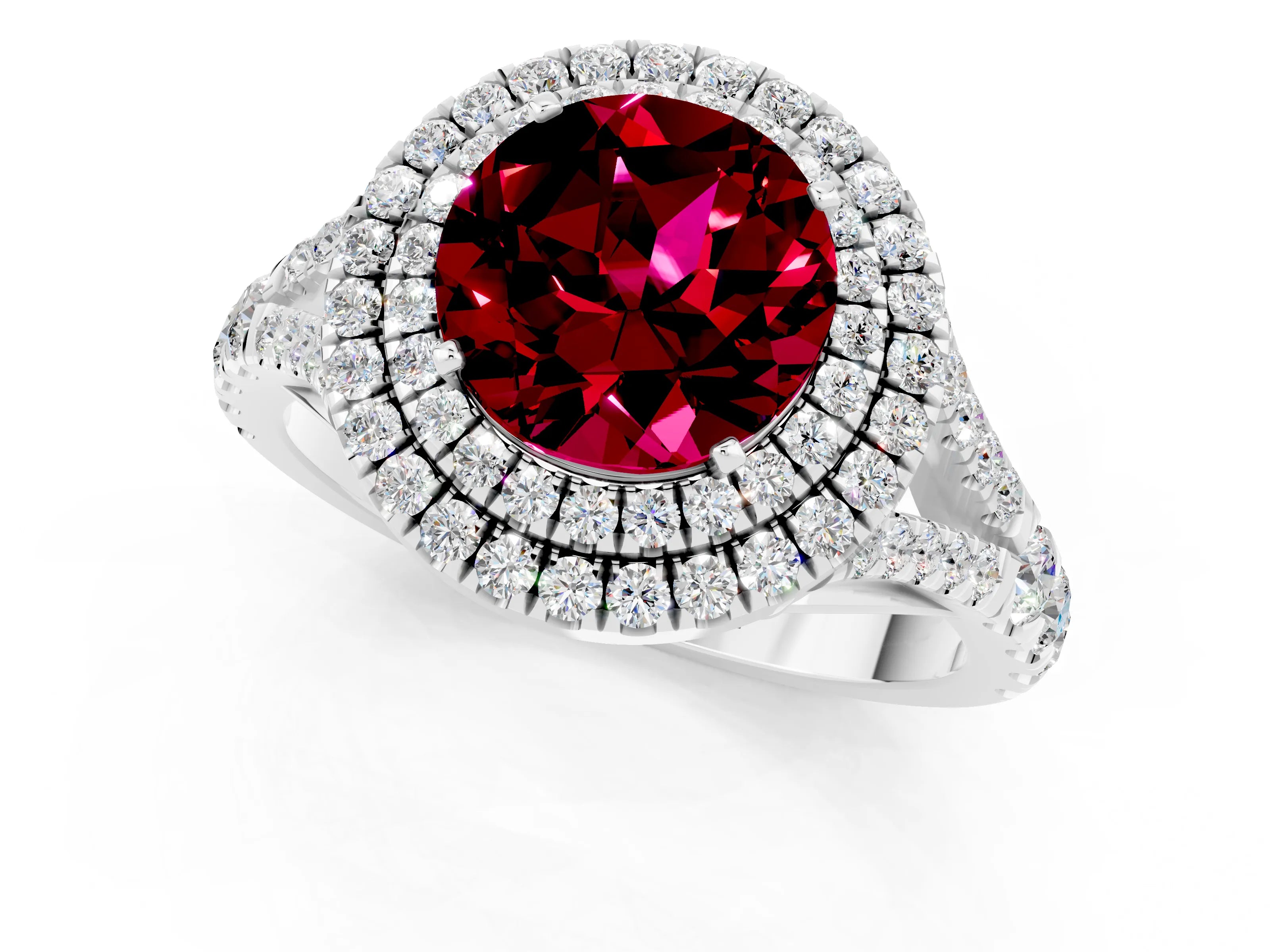 White gold Round Cut Garnet Double Halo Ring with Split Shank and Prong Setting_19
